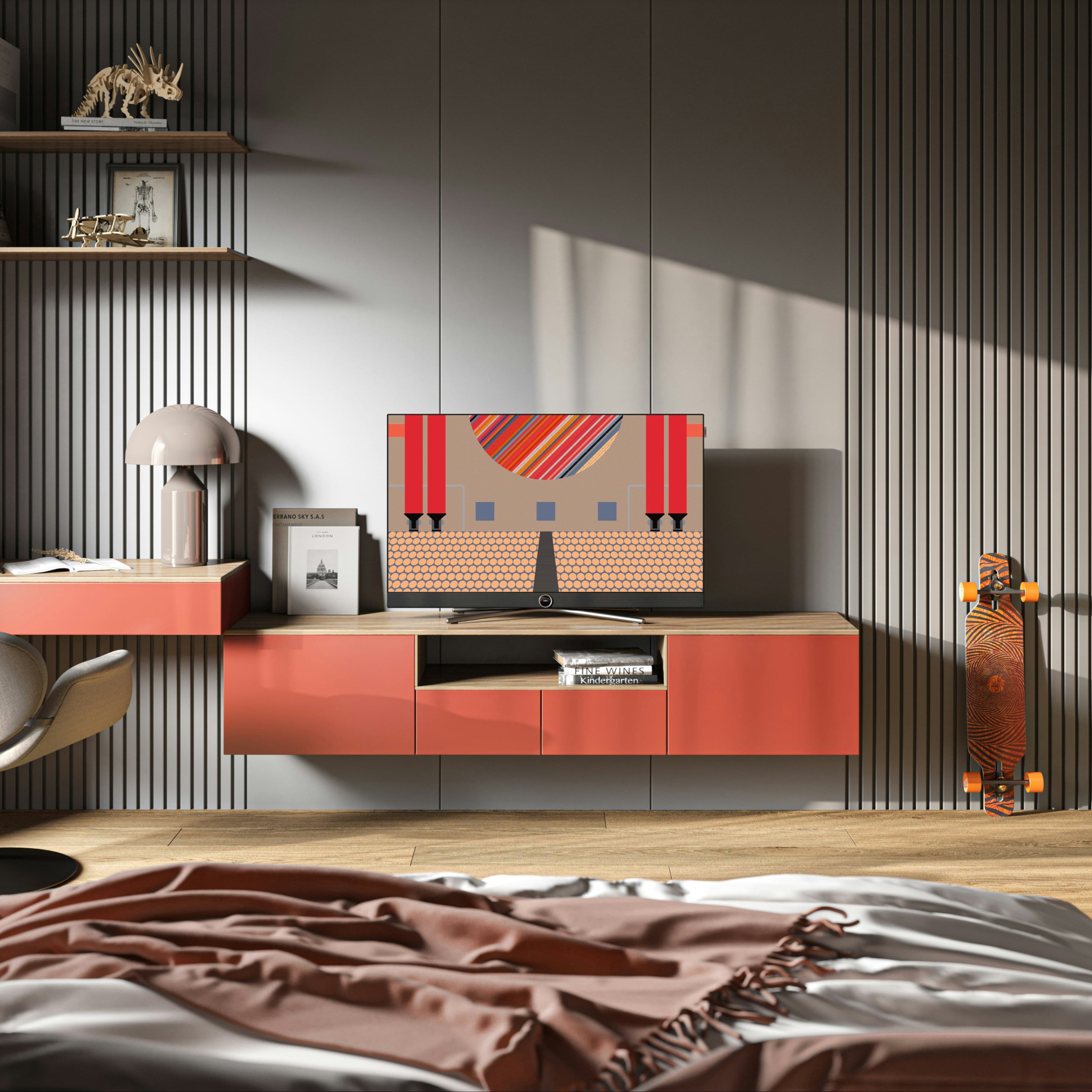 A mockup of the Ordre Minimal wallpaper displayed on a TV in a modern living room. The room features a minimalist desk and shelving against a dark, slatted wall. On the TV screen is a still image of the "Peel: Graphic Circles" illustration, rendered in the bold Signalétique Expo colour palette with its high-contrast red and slate blue.