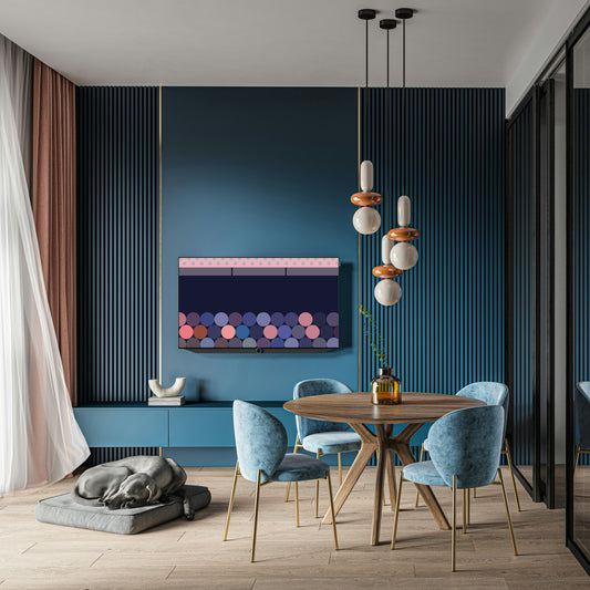 Animated mockup of the Ordre Minimal wallpaper collection on a TV in a modern dining room with dark blue slatted walls. On the screen, a slideshow of the "Lionel-Groulx: The Geometry Underfoot" illustration cycles through its twelve colour themes, including the authentic Calepinage '78, the vibrant Plateau Pop, and the warm Maple Butter.